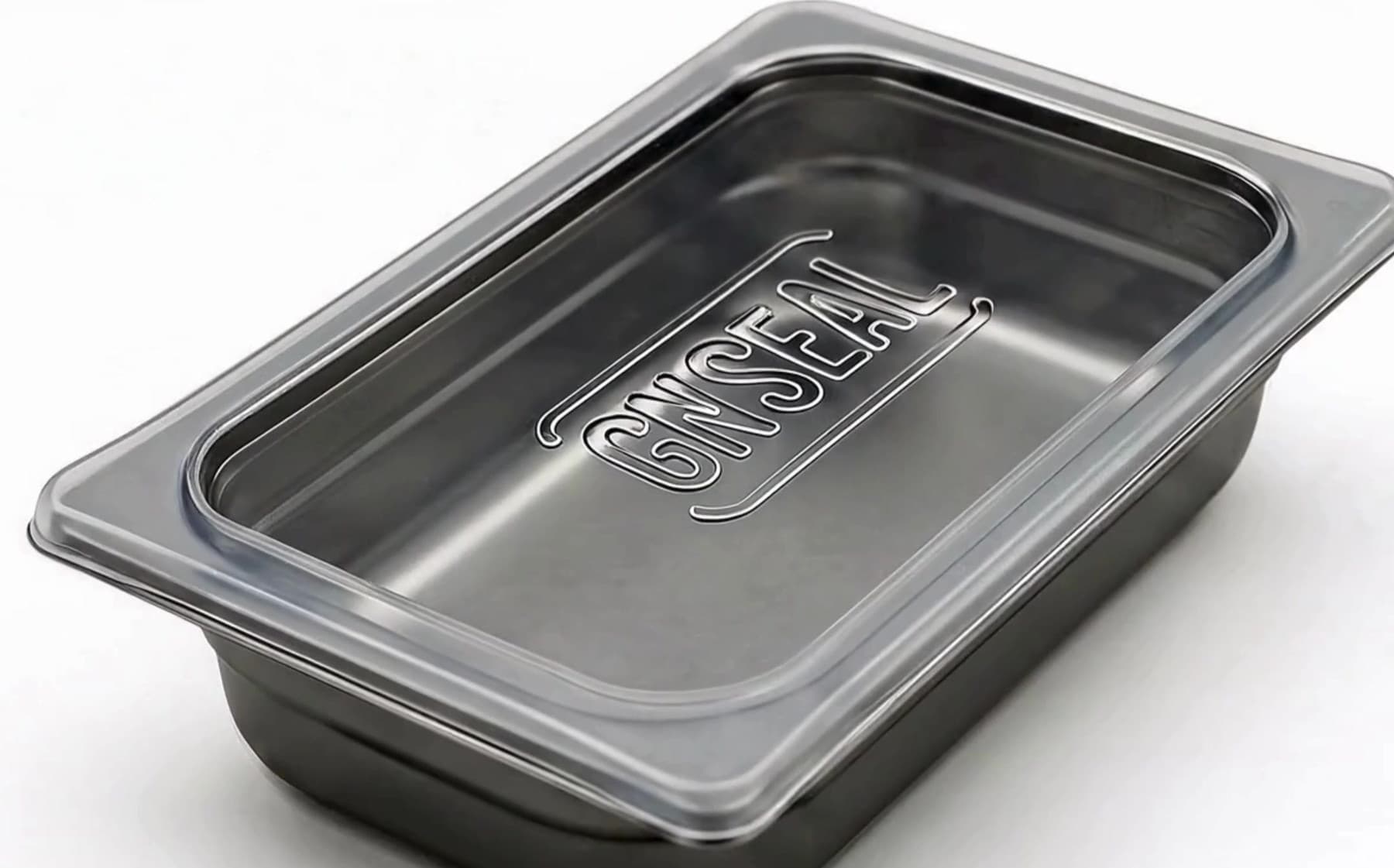 A GNSeal cover sealed on a stainless steel gastronorm pan, overhanging the rim